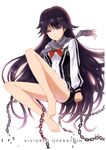  barefoot black_hair chain kuroki_rei long_hair national_shin_ooshima_school_uniform purple_eyes purple_scarf scarf school_uniform sgtxiaoxin short_shorts shorts vividred_operation 