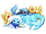  gen_1_pokemon gen_4_pokemon ko-on_(ningen_zoo) no_humans pokemon pokemon_(creature) red_eyes riolu simple_background staryu vaporeon 