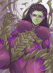  breasts claws exaxuxer from_below green_skin highres infested_kerrigan large_breasts long_hair looking_at_viewer looking_down purple_eyes purple_hair sarah_kerrigan smile starcraft wings zerg_(starcraft) zerg_mutalisk 