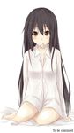  bare_legs black_hair brown_eyes condom condom_in_mouth dress_shirt hair_down highres k-on! long_hair mouth_hold nakano_azusa saku_(kudrove) shirt simple_background sitting solo very_long_hair white_background 