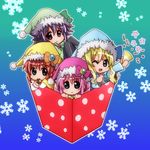  amano_kouki blonde_hair bow chibi cordelia_glauca hat hercule_barton looking_at_viewer multiple_girls one_eye_closed pink_bow pink_hair purple_hair sherlock_shellingford smile snowflakes tantei_opera_milky_holmes yuzurizaki_nero 