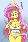  anthrofied breasts cleavage clothed clothing cup equine female fluttershy_(mlp) friendship_is_magic fur garam green_eyes hair horse mammal my_little_pony panties pegasus pink_hair pony shirt solo underwear wings yellow_fur 