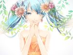  aqua_eyes aqua_hair bad_id bad_pixiv_id blauer_grotte earrings flower hair_flower hair_ornament hands_clasped hatsune_miku jewelry long_hair own_hands_together solo twintails vocaloid white_background 