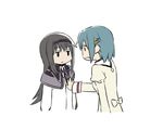  akemi_homura black_hair blank_stare blue_hair breast_grab expressionless flat_chest flat_chest_grab grabbing hair_ornament hairband hairclip jitome long_hair magical_girl mahou_shoujo_madoka_magica miki_sayaka multiple_girls oda_takayuki school_uniform short_hair simple_background touching translated white_background 