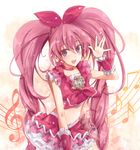  blue_eyes blush bow brooch choker cure_melody frilled_skirt frills hair_ribbon heart houjou_hibiki jewelry long_hair looking_at_viewer magical_girl midriff musical_note navel open_mouth pink_bow pink_choker pink_hair ploki precure ribbon skirt solo suite_precure twintails 