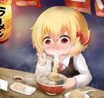  ascot blonde_hair blush bowl chopsticks cup dress_shirt dumpling eating egg food fried_rice hair_ribbon jiaozi koji_(kohei66) meandros noodles plate ramen red_eyes ribbon rumia seaweed shirt short_hair solo soy_sauce spoon steam touhou upper_body water 