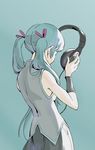  back green_hair hair_ribbon hatsune_miku headphones highres long_hair popman3580 ribbon skirt solo twintails vocaloid wristband 