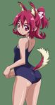  aida_mana animal_ears bad_id bad_pixiv_id bow dokidoki!_precure flipped_hair from_behind green_background hair_bow half_updo kemonomimi_mode looking_back one-piece_swimsuit pink_eyes pink_hair precure rohitsuka short_hair simple_background smile solo swimsuit tail 