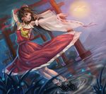  bobby_socks detached_sleeves dropbird dutch_angle fireflies grass hakurei_reimu highres loafers long_skirt multiple_torii night ofuda outstretched_arm parted_lips sarashi see-through shoes skirt socks solo torii touhou water wide_sleeves 
