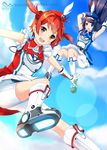  :d bike_shorts blue_eyes blue_hair blush falling futaba_aoi_(vividred_operation) hairband hat isshiki_akane long_hair multiple_girls ok-ray open_mouth palette_suit red_eyes red_hair scrunchie short_hair smile twintails vividred_operation 