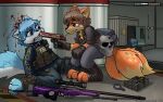 anthro awp backpack blood bodily_fluids canid canine clothed clothing counter-strike desert_eagle duo english_text fox gun gunpoint handgun hi_res him_army male mammal multi_tail pistol ranged_weapon tail text weapon