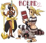  2girls :q ankh arm_hair bare_shoulders beowulf_(skullgirls) black_dress black_hair bracer breasts cape chair circlet cleavage cuffs dark_skin dress eliza_(skullgirls) emlan facial_hair folding_chair giantess green_eyes hagoromo halterneck height_difference high_heels horn large_breasts looking_down microphone multiple_girls pelt pointy_ears ponytail prison_clothes scar scythana shackles shawl shoes short_hair sideburns sitting sitting_on_person skullgirls suspenders the_hurting tongue tongue_out 
