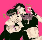  abs black_hair bola_(weapon) crop_top dice father_and_son fingerless_gloves gakuran gloves higashikata_jousuke jojo_no_kimyou_na_bouken joseph_joestar_(young) midriff multiple_boys one_eye_closed pompadour purple_eyes s_gentian scarf school_uniform teenage time_paradox 