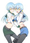  2girls aqua_hair bare_midriff cardfight!!_vanguard chen_jillian chen_sharlene cyan_hair long_hair looking_at_viewer miniskirt multiple_girls pantyhose siblings sisters skirt smile smirk tank_top team_dreadnought twins uniform yellow_eyes 