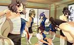  blue_eyes brown_hair character_request eyepatch inazuma_eleven_(series) inazuma_eleven_go inazuma_eleven_go_chrono_stone kinoshita_toukichirou_(inazuma_eleven) maebayashi_kourin multiple_boys navel oda_nobunaga_(inazuma_eleven) open_mouth purple_eyes purple_hair red_eyes sarashi shindou_takuto shiramomo sitting standing undressing 