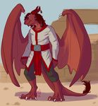  brown_eyes claws clothing digitigrade dragon eldon feather hair horn long_hair male muscles mutisija outside red_skin reptile scalie sky solo standing toes wings 