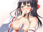  bare_shoulders black_hair blush bow breasts covering_mouth deego_(omochi_bazooka) detached_sleeves hair_bow hair_tubes hakurei_reimu large_breasts long_hair nipple_tweak nipples red_eyes touhou 