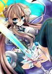  armor brown_hair cardfight!!_vanguard cyan_eyes flower knee_pads leading_jewel_knight_salome long_hair royal_paladin sword thighhighs weapon 