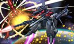  bad_id bad_pixiv_id battle cannon claws energy epic explosion gerwalk gunpod i.t.o_daynamics macross macross_frontier mecha monster no_humans planet realistic s.m.s. science_fiction space vajra variable_fighter vf-25 
