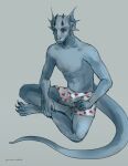 anthro bent_legs clothing gills grey_backgound grey_body half_naked hands_on_legs heart_symbol hi_res horn lizard lizard_tail looking_away male multi_horn panties provinsske red_eyes reptile scalie signature simple_background sitting sitting_on_ground slim solo space_station_13 thoughtful unathi underwear zink_shan