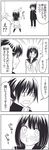  1boy 1girl 4koma bad_id bad_pixiv_id blush comic flying_sweatdrops greyscale hetero highres kanda_saki monochrome o3o school_uniform serafuku short_hair skirt sweat takase_haruhiko translated tsurezure_children wakabayashi_toshiya 