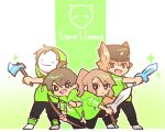  1girl 3boys animal_ears axe bow_(weapon) chibi chibi_only commentary damelives dream_(youtuber) esports fox_boy fox_ears fundy_(youtuber) green_hoodie green_theme hat holding holding_axe holding_bow_(weapon) holding_sword holding_weapon hood hood_up hoodie humanization mask mc_championship minecraft minecraft_axe minecraft_sword minecraft_youtube multiple_boys standing sword sylveey tubbo weapon 