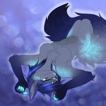  abstract_background anthro bioluminescence blue_eyes blue_hair breasts canine chest_tuft cyan_eyes female fur glowing hair lying mammal neex nude pinup pose solo tuft 