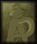  abstract_background bracelet breasts butt collar duo_(artist) female jewelry lizard looking_at_viewer looking_back monochrome nipples nude pussy red_eyes reptile scalie side_boob solo 
