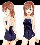  adjusting_clothes adjusting_swimsuit arms_behind_back back bad_id bad_pixiv_id bangs blue_swimsuit braid breasts brown_eyes brown_hair collarbone competition_school_swimsuit covered_navel cowboy_shot etsuji french_braid from_behind holding_arm letterboxed looking_at_viewer misaka_mikoto multiple_views one-piece_swimsuit open_mouth outline profile short_hair simple_background small_breasts standing strap_pull swimsuit to_aru_kagaku_no_railgun to_aru_majutsu_no_index white_background 