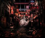  album_cover building cable city cover cyberpunk dark highres no_pants original ruins scenery sign toi_(number8) vocaloid 