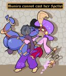 absurd_res accessory big_butt blue_body blue_scales breasts butt buttsharb cleavage clothed clothing duo english_text female female/female flute forced forced_kiss furgonomics gameplay_mechanics headgear headwear hi_res horn horn_accessory jewelry kissing kobold magic_user munira_(buttsharb) musical_instrument religious_clothing religious_headwear ring scales scalie seduced seductive sexy_clothing short_stack tail tail_accessory tail_jewelry tail_ring text turban wind_instrument woodwind_instrument