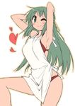  ;) apron armpits bikini blush green_eyes green_hair heart hidamari_sketch long_hair mikami_komata nearly_naked_apron one_eye_closed smile solo swimsuit yoshinoya 