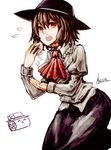  akasia ascot brown_hair dress_shirt flying_sweatdrops food hat long_skirt looking_at_viewer lotus_root onigiri open_mouth red_eyes shirt short_hair skirt solo touhou usami_renko 