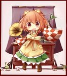  apron bell blush checkered checkered_shirt clothes_writing gasuto_(kamikami) hair_bell hair_ornament highres jingle_bell long_sleeves looking_at_viewer motoori_kosuzu open_mouth phonograph red_eyes red_hair shirt short_hair smile solo touhou two_side_up wide_sleeves 