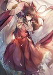  adapted_costume ascot bow breasts brown_eyes brown_hair detached_sleeves embellished_costume fal_maro fan folding_fan frilled_skirt frills hair_bow hair_tubes hakurei_reimu highres holding large_breasts long_hair skirt smile solo touhou wide_sleeves 
