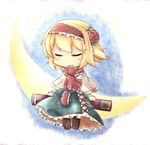  alice_margatroid blonde_hair blue_background blush_stickers book capelet chibi closed_eyes crescent_moon cross-laced_footwear dress flower gasuto_(kamikami) hair_flower hair_ornament headband moon open_mouth ribbon rose short_hair sitting sitting_on_object solo touhou 