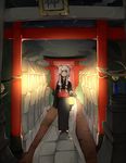  animal_ears bad_id bad_pixiv_id bell fox_mask japanese_clothes kimono lantern mask night original prin_dog stone_lantern torii white_hair 