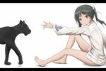  barefoot black_panther francesca_lucchini fuu_maumau green_eyes green_hair letterboxed looking_at_viewer panther reaching sitting strike_witches toes world_witches_series 