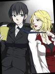  black_hair blonde_hair blue_eyes breasts brown_eyes cleavage couple flirting formal karanomori_shion kunizuka_yayoi large_breasts lipstick long_hair makeup multiple_girls necktie necktie_grab neckwear_grab neko_majin psycho-pass short_hair suit yuri 