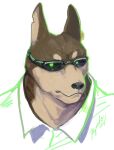  1boy animal_ears bara brown_fur closed_mouth collared_shirt commentary_request dog_boy dog_ears furry furry_male fuyodo glasses glowing glowing_eyes green_pupils highres looking_at_viewer male_focus muscular muscular_male notched_ear shirt simple_background solo thick_eyebrows tokyo_afterschool_summoners twitter_username two-tone_fur upper_body white_background white_shirt xolotl_(housamo) 