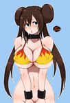  bad_id bad_pixiv_id banned_artist bikini_top blue_eyes bottomless breast_squeeze breasts brown_hair choker cleavage covered_nipples double_bun flame_print huge_breasts long_hair mei_(pokemon) navel niku_(dance-siva) no_hat no_headwear pokemon pokemon_(game) pokemon_bw2 puckered_lips pussy solo twintails underboob v_arms wristband 