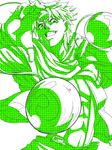  bad_id bad_pixiv_id bola_(weapon) fingerless_gloves gloves green grin jacket jojo_no_kimyou_na_bouken joseph_joestar_(young) male_focus monochrome scarf smile solo suspenders torichamaru 