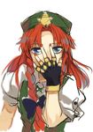  beret blue_eyes braid covering_face fingerless_gloves gloves hand_on_own_face hat hong_meiling jojo_pose long_hair looking_at_viewer nail_polish peninsula_(disappearedstump) pose red_hair side_braid solo touhou white_background 