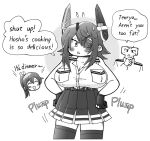  1boy 2girls admiral_(kancolle) alternate_body_size blush breast_pocket breasts cleavage collared_shirt english_commentary english_text eyepatch fat flying_sweatdrops gloves greyscale hair_ribbon hands_on_own_hips headgear high-waist_skirt houshou_(kancolle) kantai_collection large_breasts monochrome multiple_girls open_mouth partially_fingerless_gloves pleated_skirt pocket ribbon shin_(shin_k009) shirt simple_background skirt sleeveless sleeveless_shirt speech_bubble sweat t-head_admiral tenryuu_(kancolle) thighhighs triangle_mouth 
