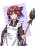  1girl apron black_kimono blue_bow blush_stickers bow breasts broom dress ebora hair_bow highres japanese_clothes kimono kohaku_(tsukihime) long_sleeves looking_at_viewer maid maid_apron open_mouth red_hair short_hair small_breasts smile solo tsukihime white_apron yellow_eyes 