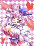  animal_ears bat_wings bow bowtie breasts bunny_ears bunny_tail cardfight!!_vanguard checkered checkered_background cleavage cleavage_cutout corset hat looking_at_viewer midnight_bunny monster_girl pale_moon pink_eyes pink_fur pink_hair puffy_sleeves ribbon short_hair tail tattoo wings wink wrist_cuffs 
