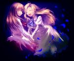  :d ascot bad_id bad_pixiv_id blonde_hair brown_hair closed_eyes dress holding_hands ib ib_(ib) long_hair mary_(ib) multiple_girls open_mouth petals ria smile 