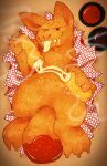 anthro basket blep breading cheese container crownedvictory dairy_products flirting food food_creature hi_res looking_at_viewer lying male marinara_sauce mozzarella_sticks on_back one_eye_closed solo steam tongue tongue_out wink