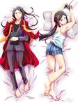  barefoot black_hair book boxers controller dakimakura dual_persona fate/zero fate_(series) game_controller green_eyes long_coat long_hair lord_el-melloi_ii maki_unu multiple_boys older on_bed pillow ponytail scarf underwear waver_velvet 