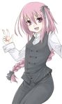  astolfo_(fate) belt braid collared_shirt commentary_request cosplay fang fate/apocrypha fate_(series) hair_ribbon long_hair looking_at_viewer male_focus open_mouth otoko_no_ko pants pink_hair purple_eyes ribbon shirt sieg_(fate/apocrypha) sieg_(fate/apocrypha)_(cosplay) single_braid smile sutegami v very_long_hair waistcoat 